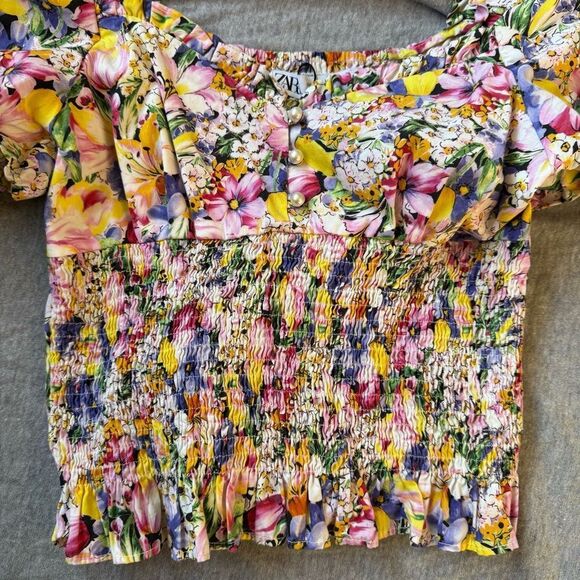 Sz XS Zara Smocked Scrunched Stretchy Pink Purple Yellow Pearl Detail Blouse - Picture 3 of 9